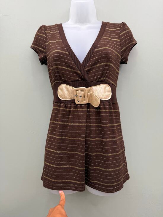 Ultra Flirt Tops - Ultra Flirt Y2K Brown Gold Striped Belted Mini Dress Medium 2000s